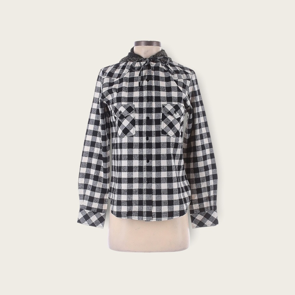 MAUDE VIVANTE Plaid Gray Knit Hooded Button Down Flannel Shirt
